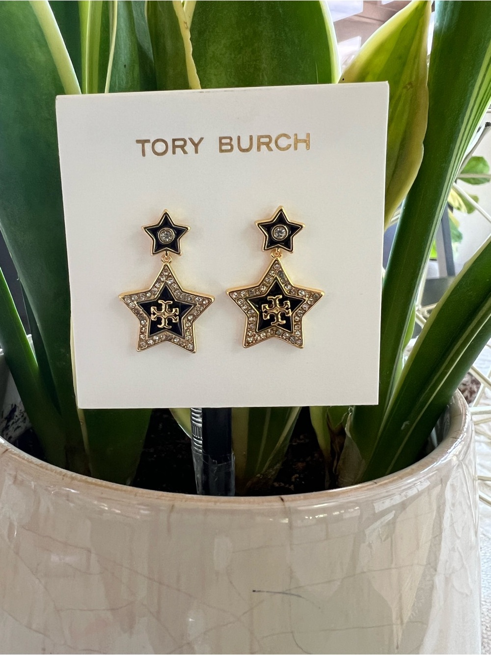Tory Burch Black and Gold Star Drop Earrings with Crystal Accents
